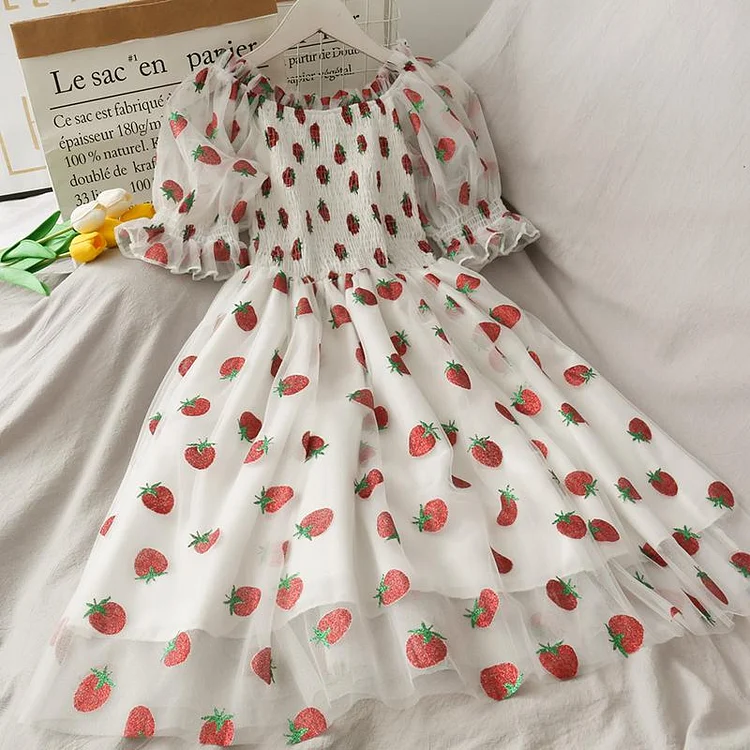 Strawberry Print High Waist Mesh One Shoulder Mesh Dress
