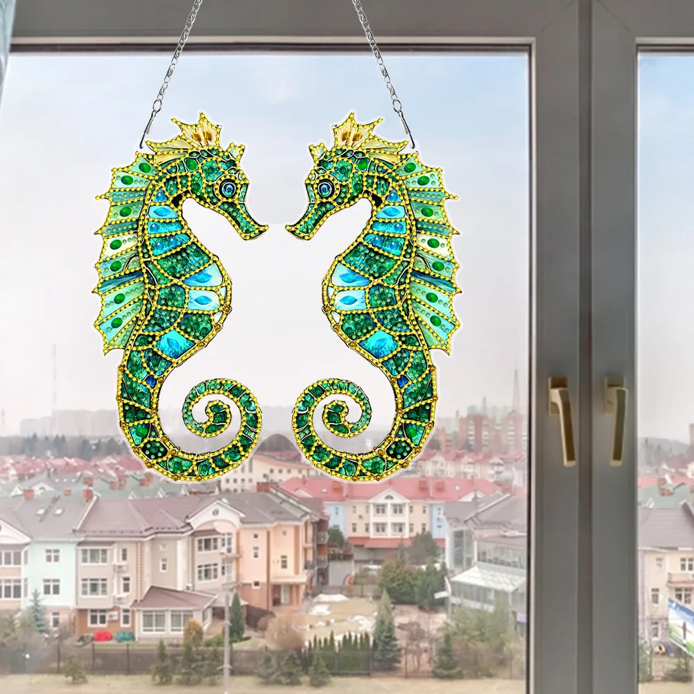 2D Flat Seahorse DIY Diamond Art Pendant Window Hanging Art for Home Wall Decor