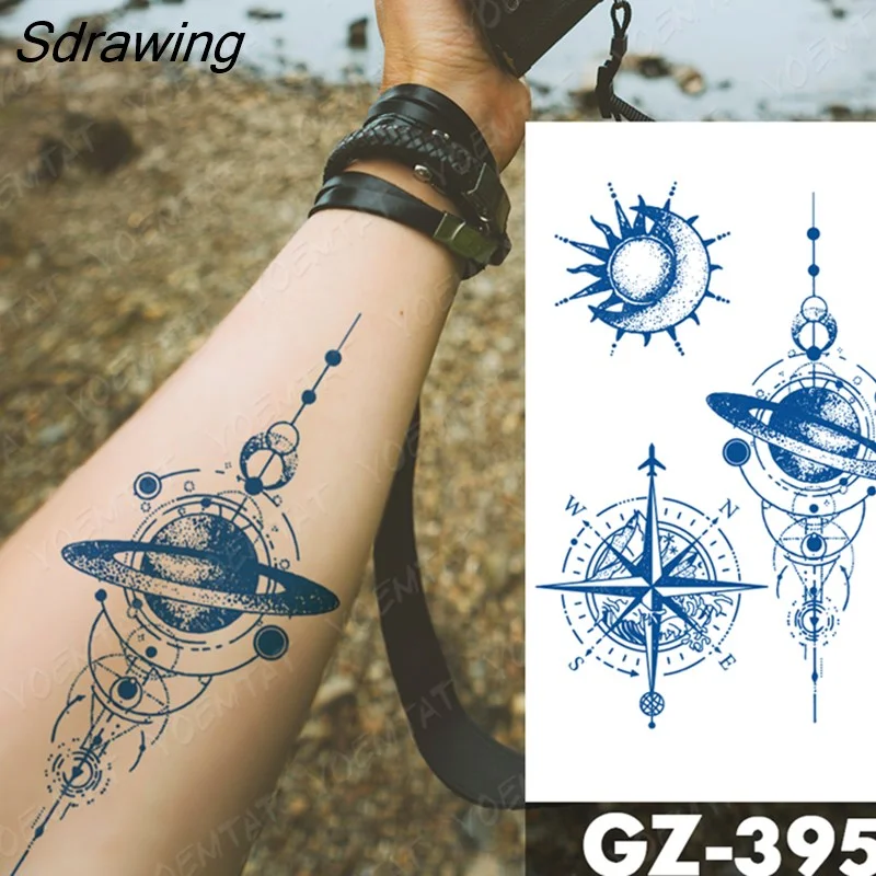 Sdrawing Waterproof Temporary Tattoo Sticker Universe Compass Planet Genipin Herbal Jellyfish Juice Lasting Ink Fake Tatoo