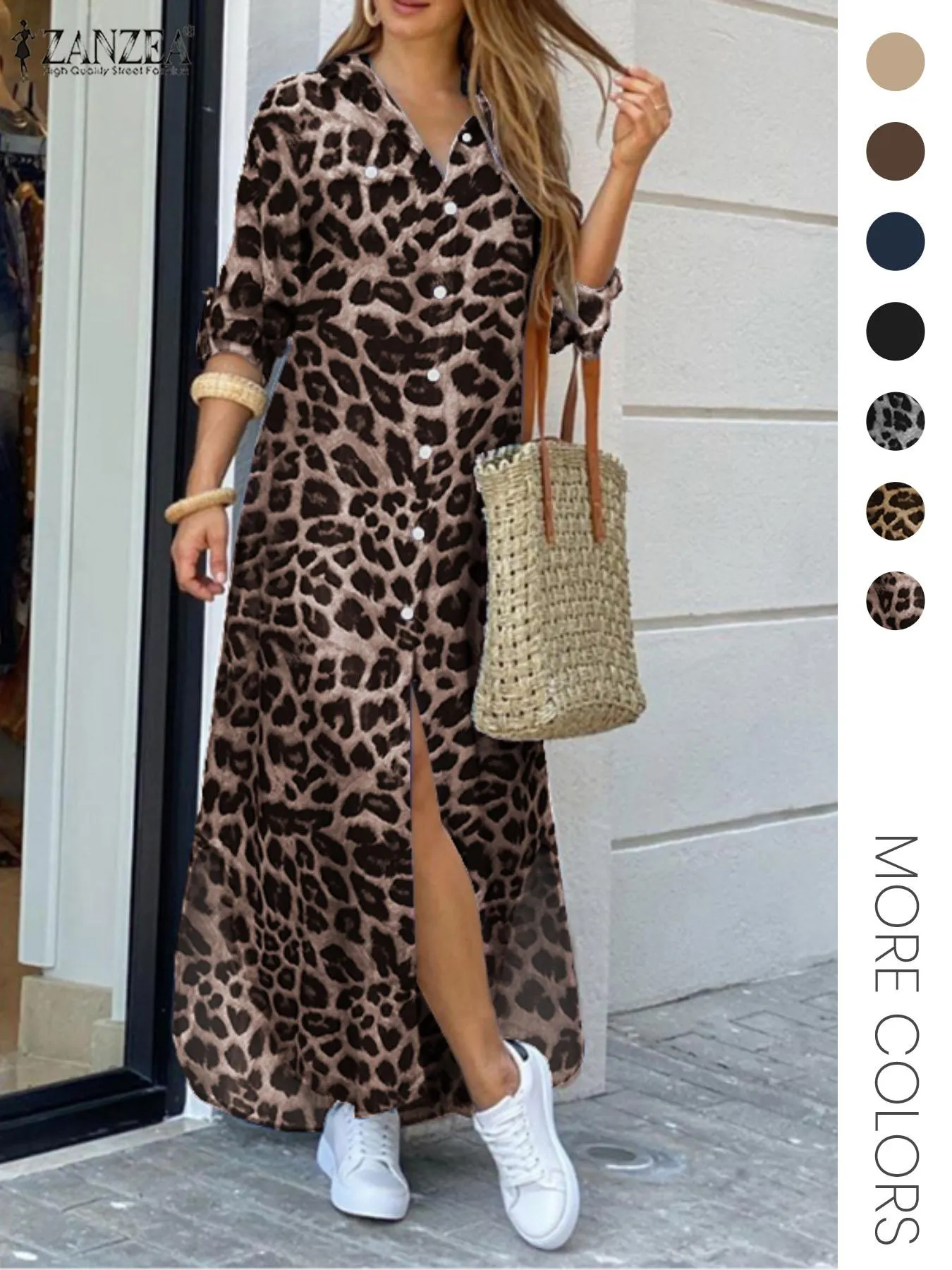 Women's Leopard Print Button Front Flap Pocket Shirt Fabric Dress, Casual Curved Hem Long Sleeve Collared Long Dress for Daily Wear, Ladies' Clothes for All Seasons, Womenswear