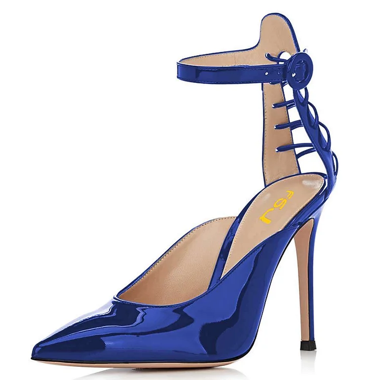 Blue Mirror Leather Lace Up Ankle Strap Heels Pumps |FSJ Shoes