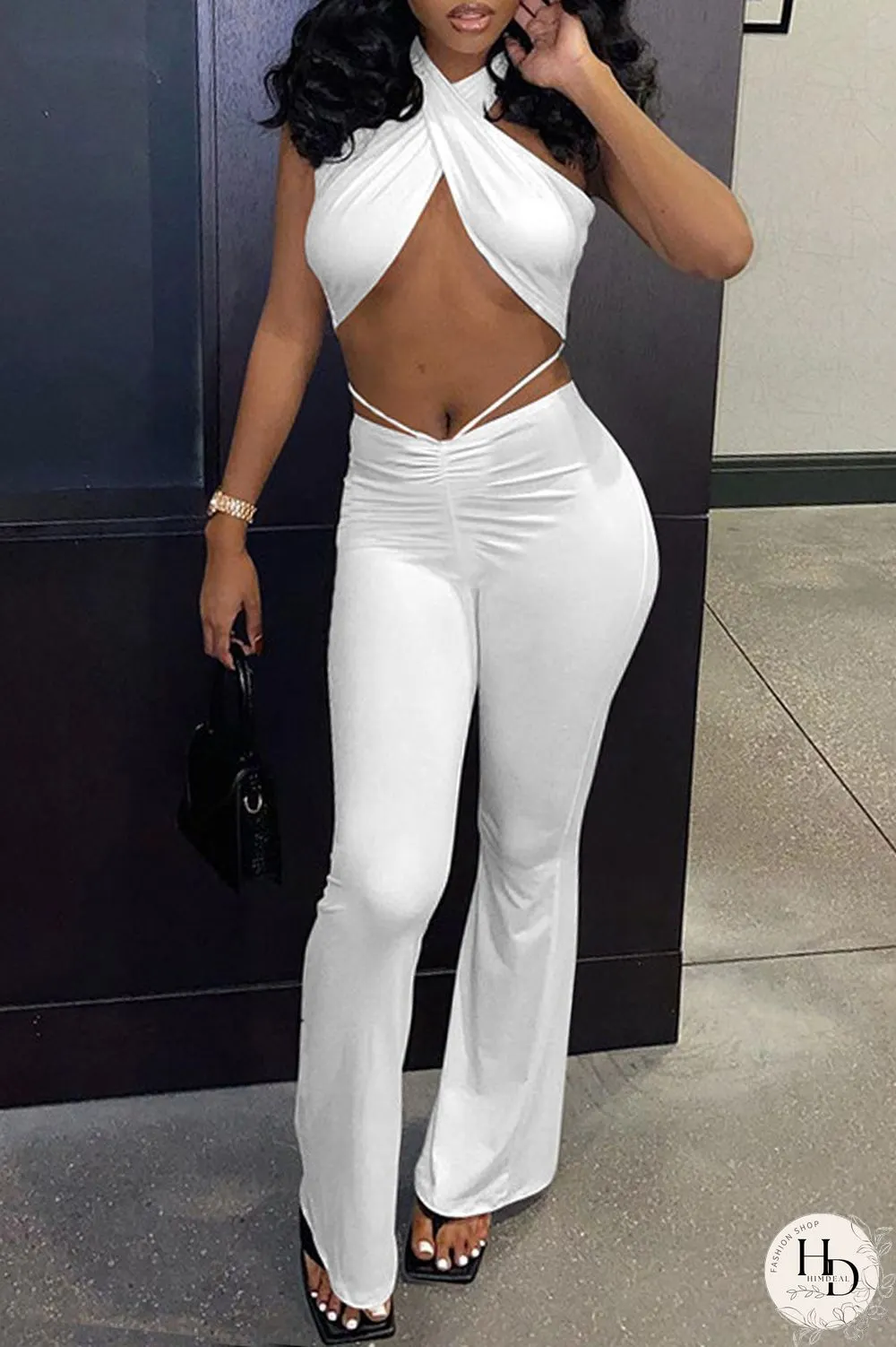 Red Fashion Sexy Solid Backless Halter Sleeveless Two Pieces