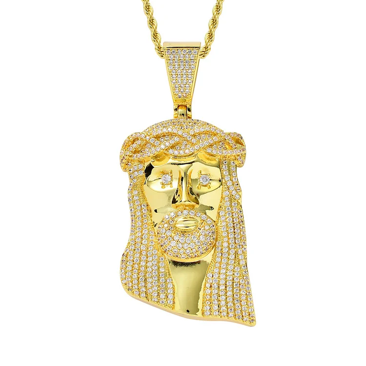 Iced Out Jesus Head Face Pendant Necklace Bling Gold Plated Jewelry-VESSFUL