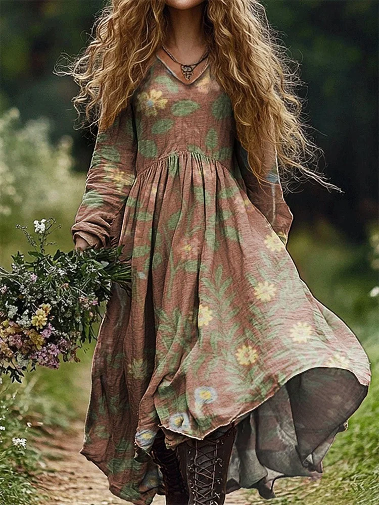 Women's Vintage Floral Art Print Pocket Cotton Dress