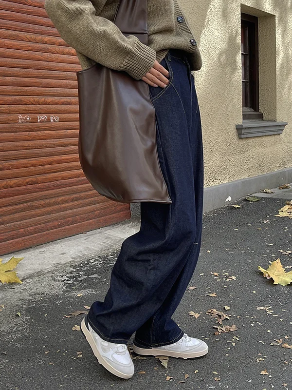 Casual Loose Wide Leg Solid Color Jean Pants Bottoms