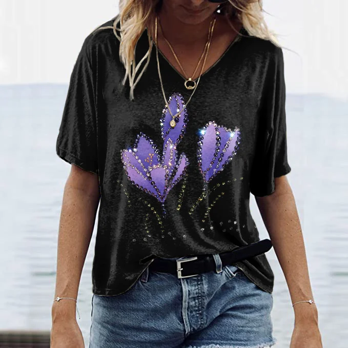 Art Floral Print V Neck Casual T-Shirt