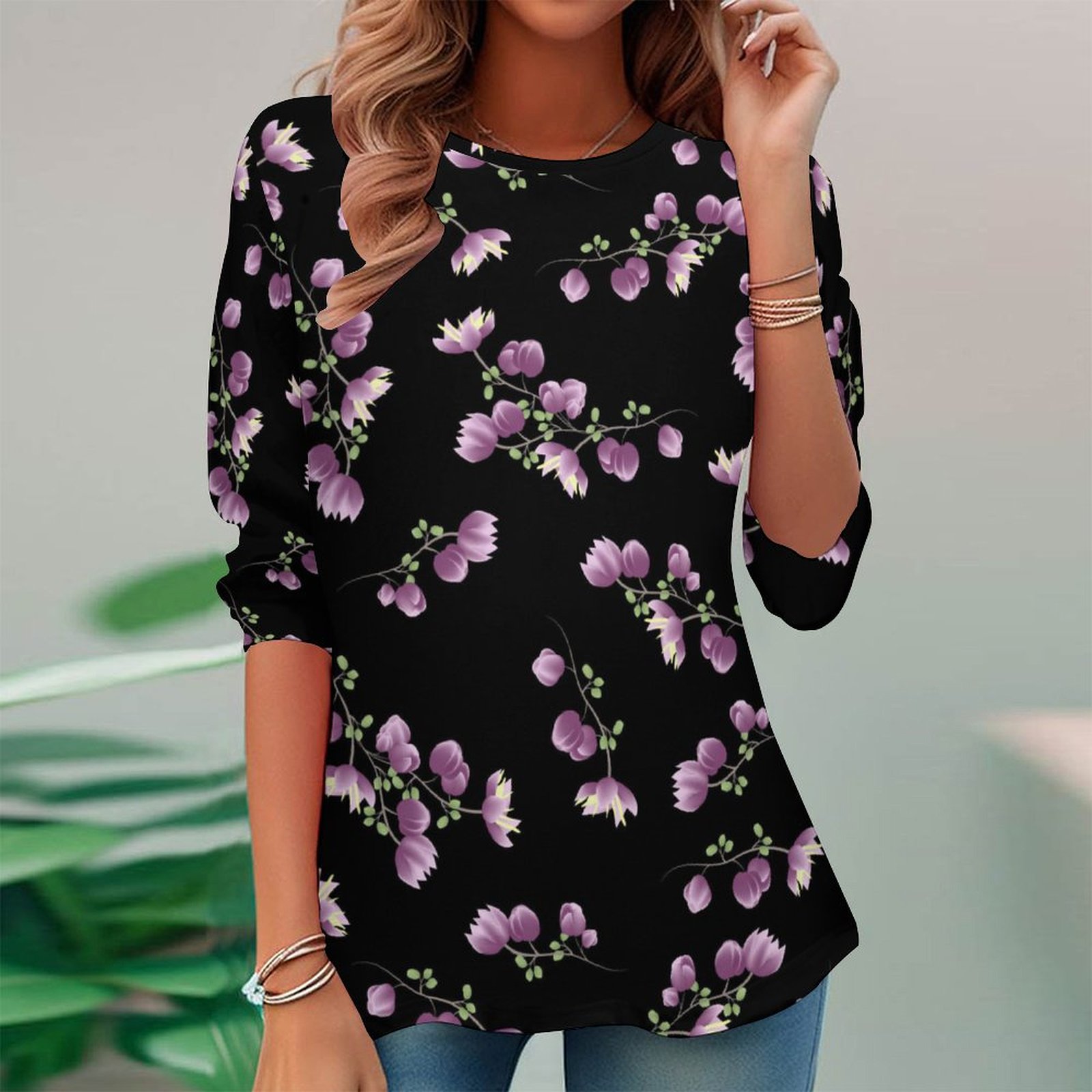 Women Long Sleeve V-neck Graphic Floral Printed Top