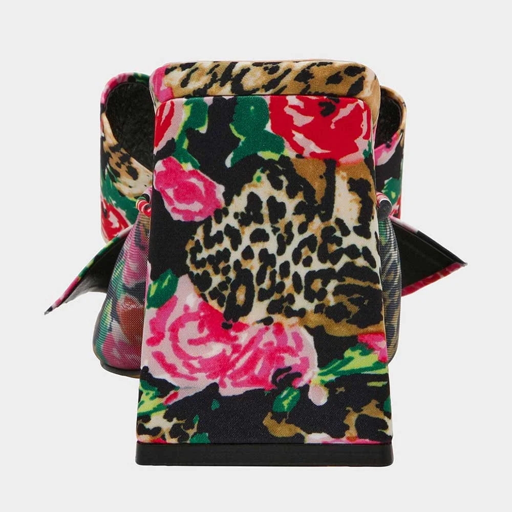 Multicolor Square Toe Chunky Heel Floral Leopard Print Bow Mules Shoes