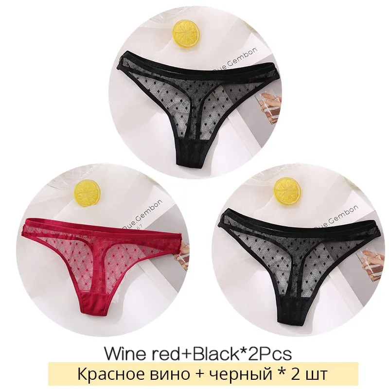 FINETOO Sexy Lace Thongs Women 3Pcs/set Transparent G-string Panties Dots Lace T-back Underwear Fashion Female Underpants M-XL