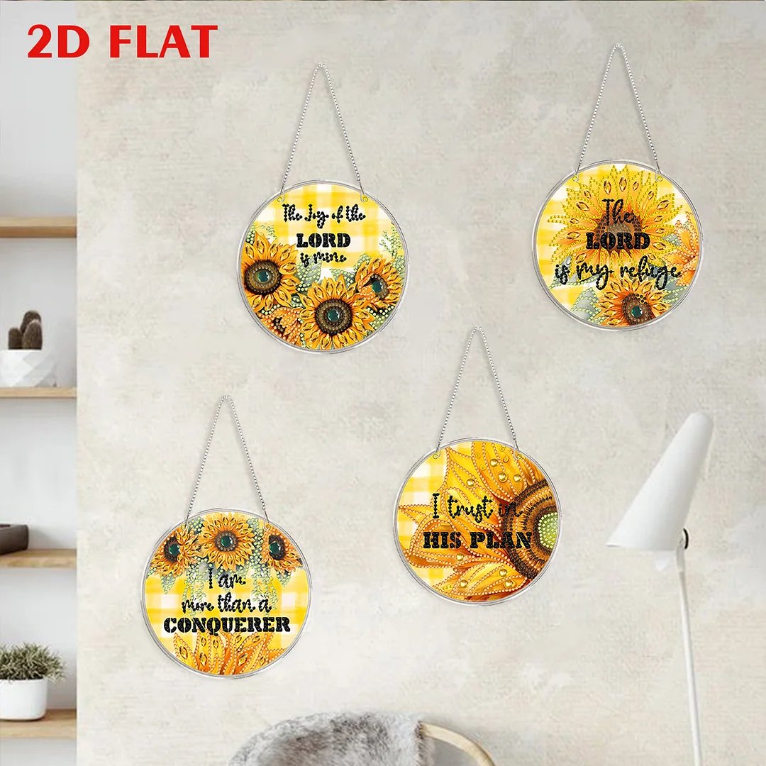 4pcs Sunflower Text DIY 2D Flat Acrylic Diamond Painting Kit Diamond Art Pendant