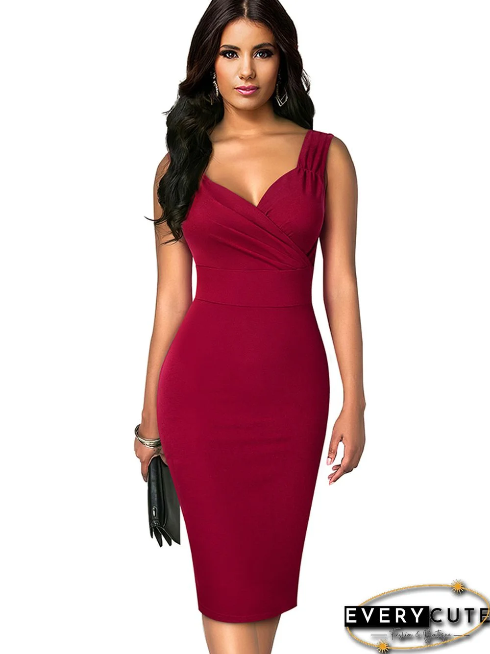 Nice-forever Summer Women Solid Color Sexy Deep V Elegant Dresses Cocktail Wedding Party Vintage Bodycon Sheath Dress B669