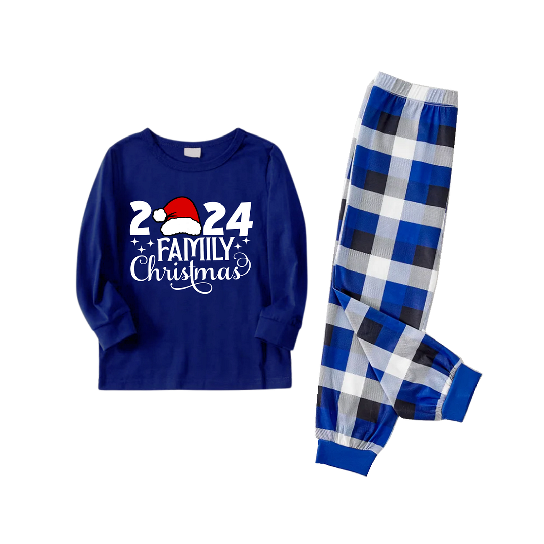 "2024 Family Christmas" Text and Santa Hat Printed Blue and White Plaid Family Matching Pajamas