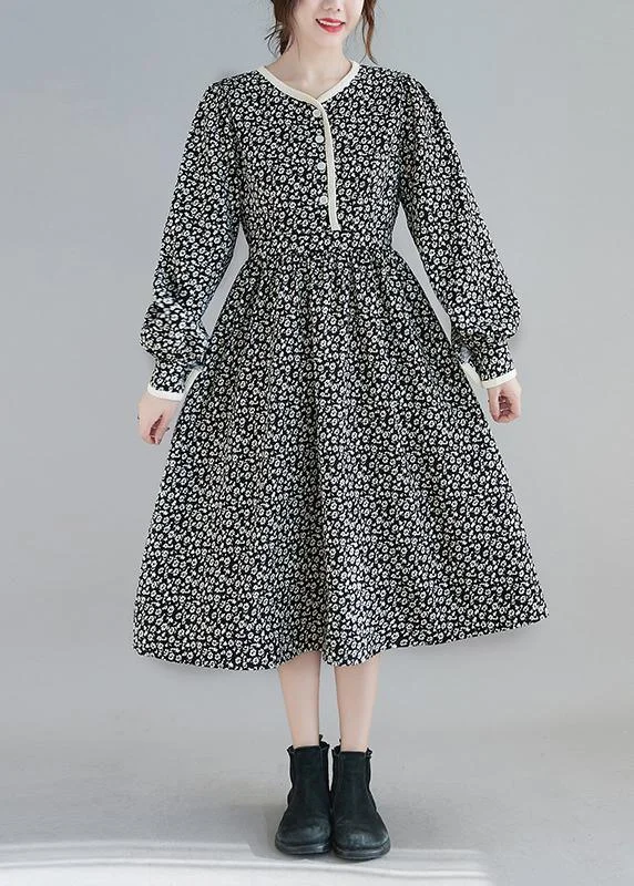 Classy Black Print Clothes Women O Neck Robe Spring Dresses