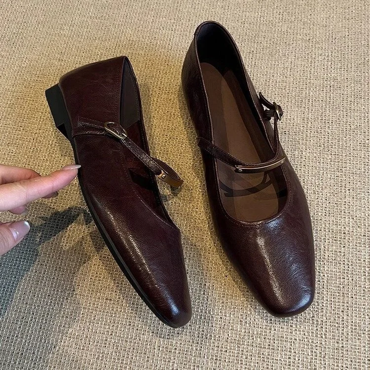Yyvonne And Autumn 2025 New French Head Mary Treasure Shoes Metal Buckle Solid Flat Leather Shoes Single Shoes Single Shoes