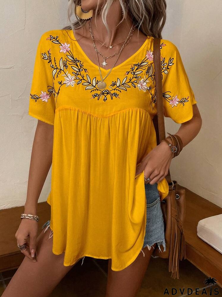 Floral Embroidery Smock Blouse