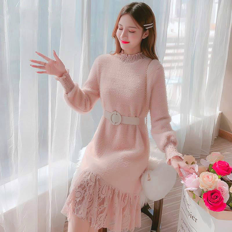 Llyge Lace Sweater Dress For Women Winter Knitted Woman  Aesthetic Aesthetic Long Casual Elegant Korean Fashion Loose Robe Dresses llyge