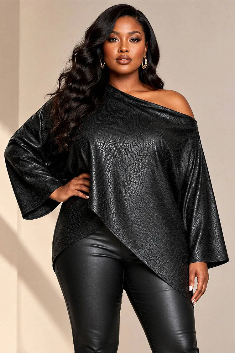 Xpluswear Design Plus Size Daily Black Oblique Collar Long Sleeve Asymmetric Hem Irregular Hem PU Leather Blouses [Pre-Order] 2024 - Xpluswear