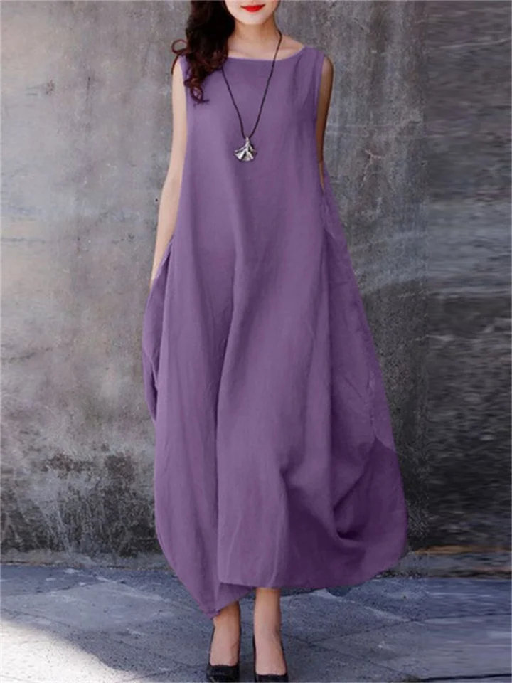 Cotton Linen Loose Large Swing Casual Solid Color Round Neck Pocket Dress