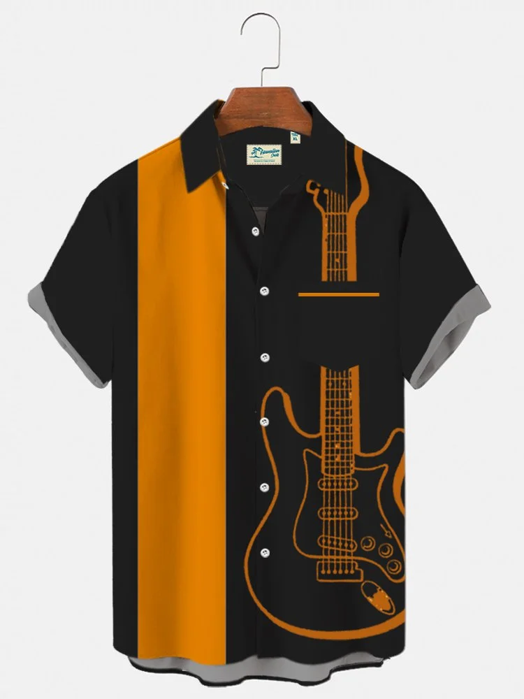 Men's Black Vintage Hawaiian Shirts Vintage Bowling Electric Guitar Orange Wrinkle Free Shirts