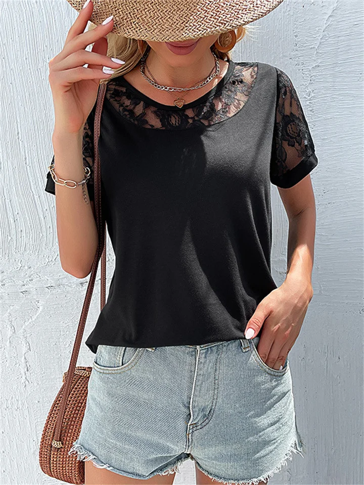 Fashion Women's Summer New Black Solid Color Round Neck Lace Set Head Short-sleeved Comfortable Casual Ladies Simple Wind Shirt-Cosfine