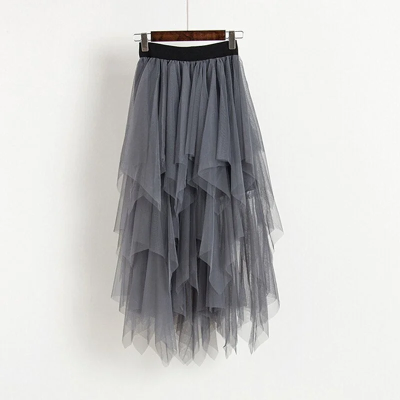 FTLZZ Tulle Skirts Women High Waist Mesh Skirt Hem Asymmetrical Pleated Midi Skirt Female Black Pink Summer Mid-calf Skirts