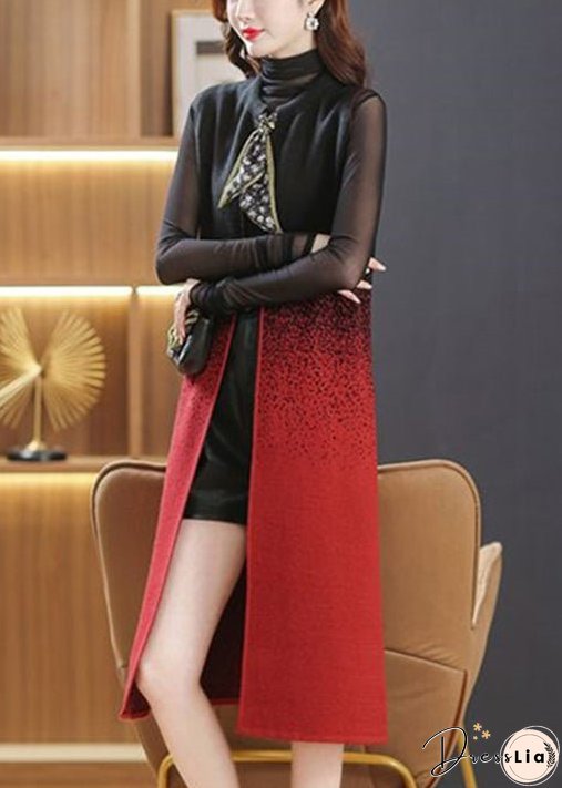 Women Black O Neck Pockets Lace Up Patchwork Woolen Long Waistcoat Sleeveless