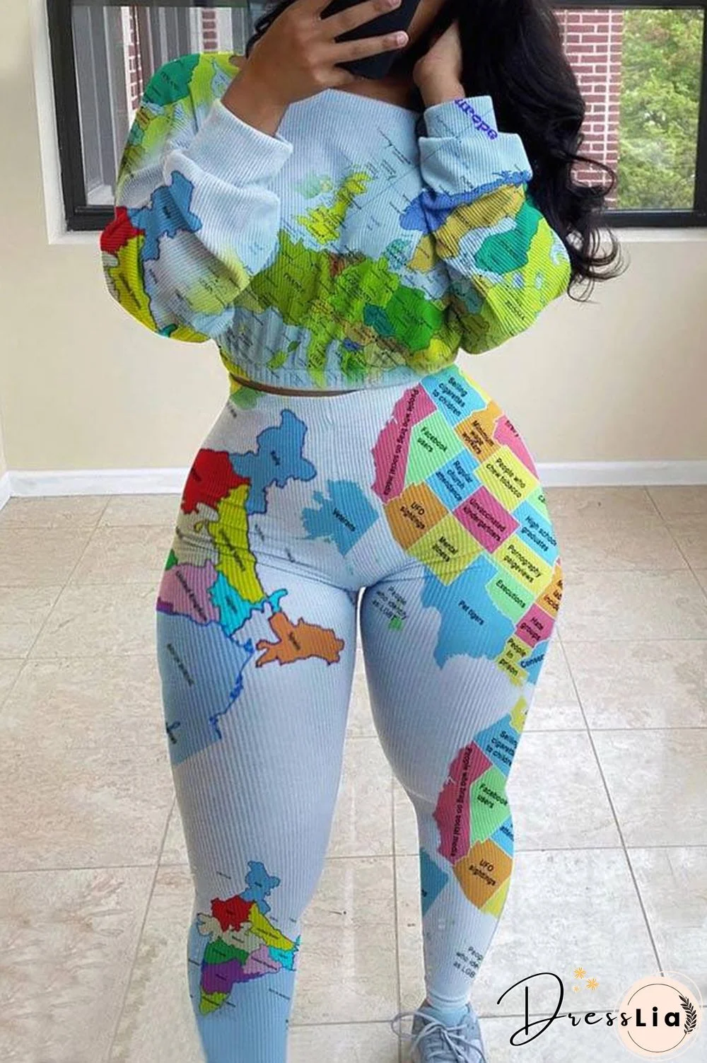 Casual Printed Long Sleeve High Waist Set