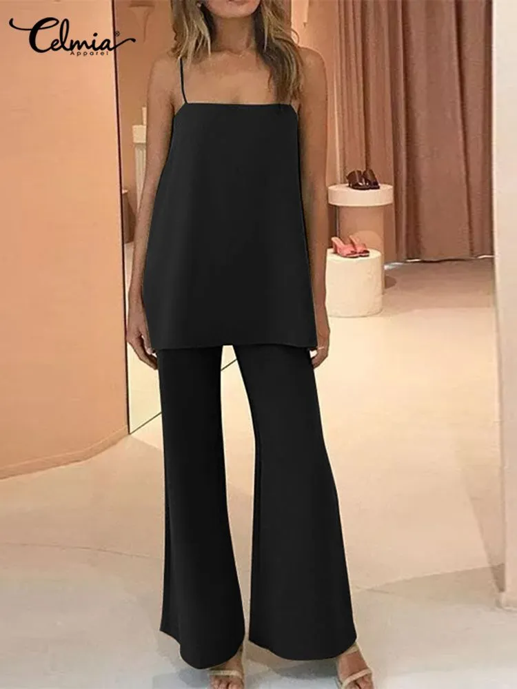 New Fashion Trousers Sets 2 PCS Celmia Women 2022 Sleeveless Straps Tops and Flared Pant Summer Sexy Solid Work Matching Suits