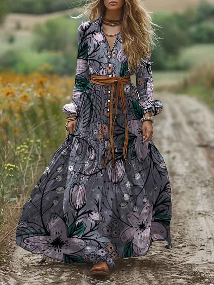 Women's Shirt Collar Vintage Abstract Print Long Sleeve Pocket Cotton A-Line Dress