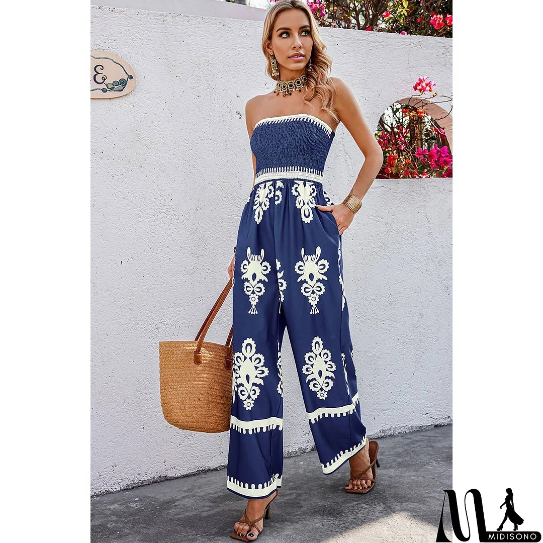 MidiSono - Off Shoulder Ruched Printed High Waist Jumpsuit