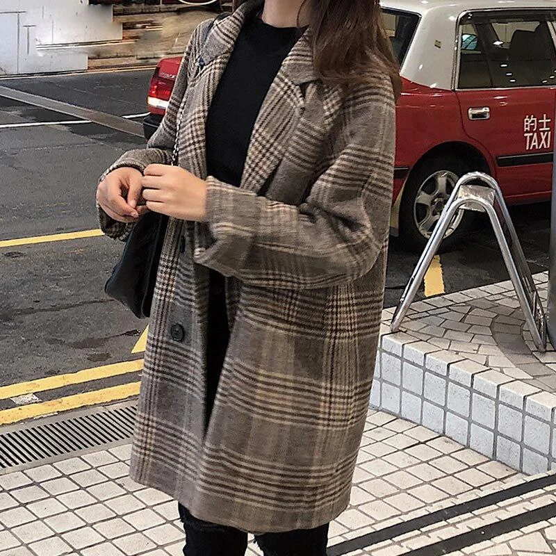 2021 New Chic Plaid Woolen Women Jacket Elegant Office Lady Pockets Work Coat Ladies Loose Double Breasted Outerwear Tops