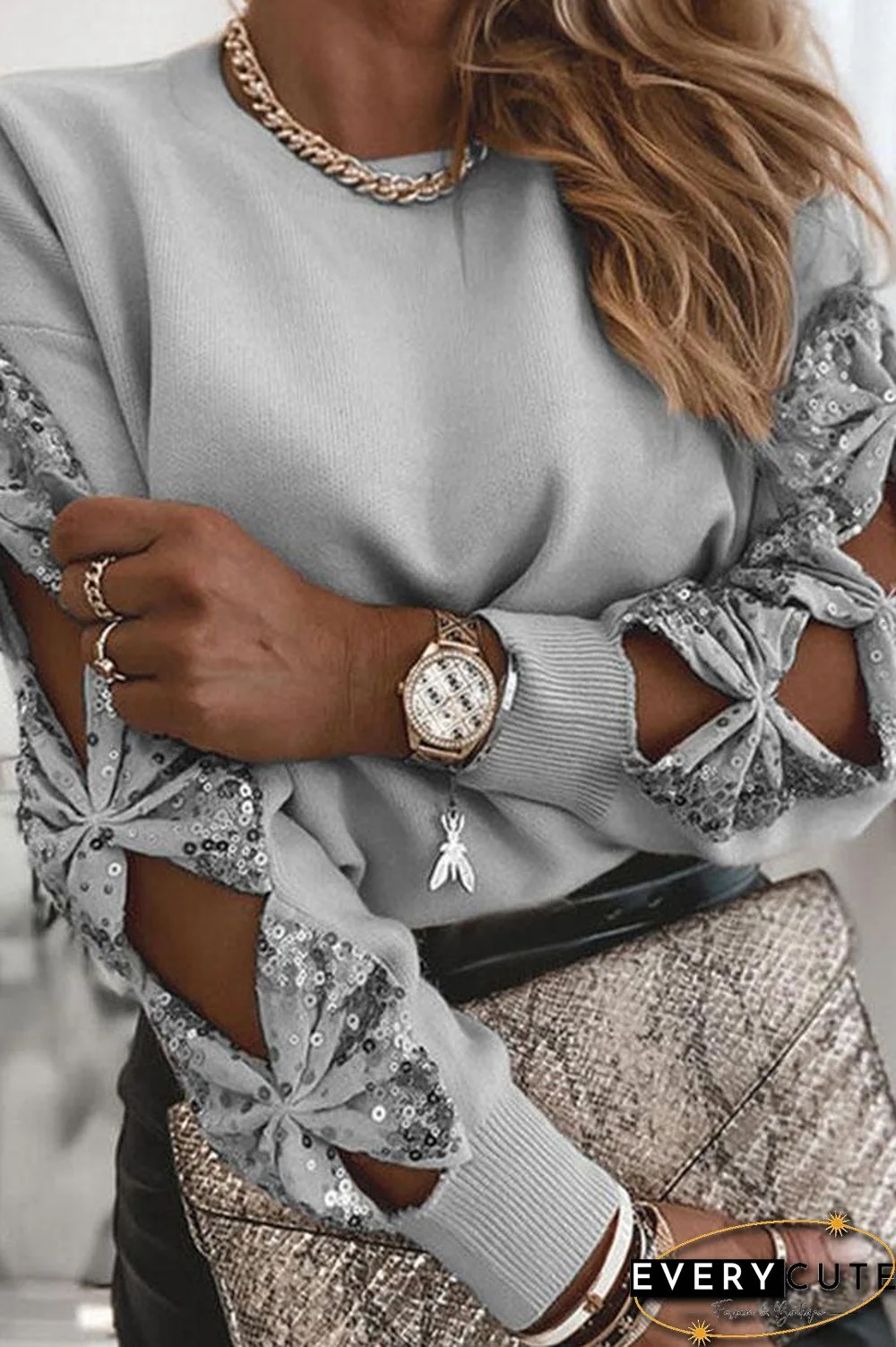 Striking Patchwork Sequins Round Neck Sweater P15517