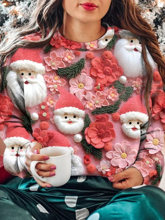 Women's Pink Floral Santa Print Round Neck Sweatshirt-mysite