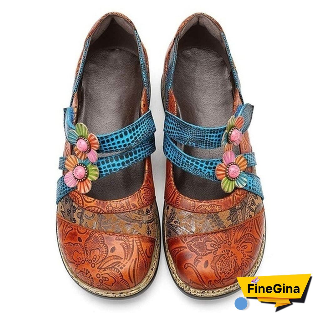 Vintage Floral Genuine Leather Splicing Colored Stitching Hook Loop Flat Shoes Spring Summer Casual Women Flat Shoes（2styles）