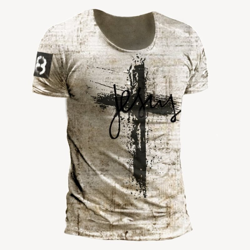 Men's Retro Jesus Print Outdoor Comfy Short Sleeve T-shirt