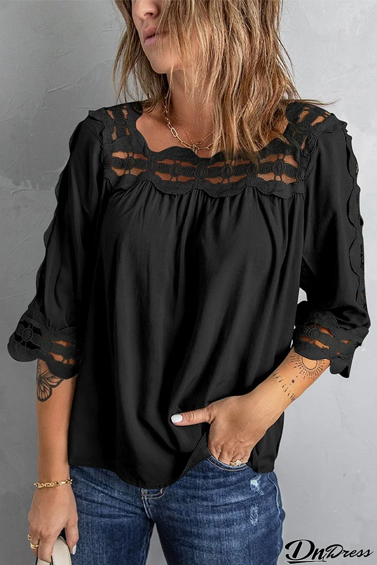 Casual Black Hollow-out Blouse