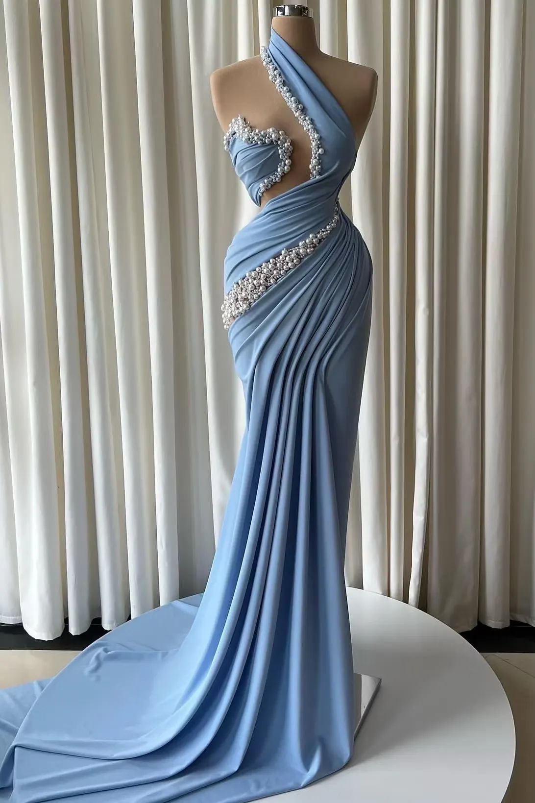 Lussooy Gorgeous Dusty Blue One Shoulder Pleated Sleeveless Mermaid Prom Dress with Pearls 