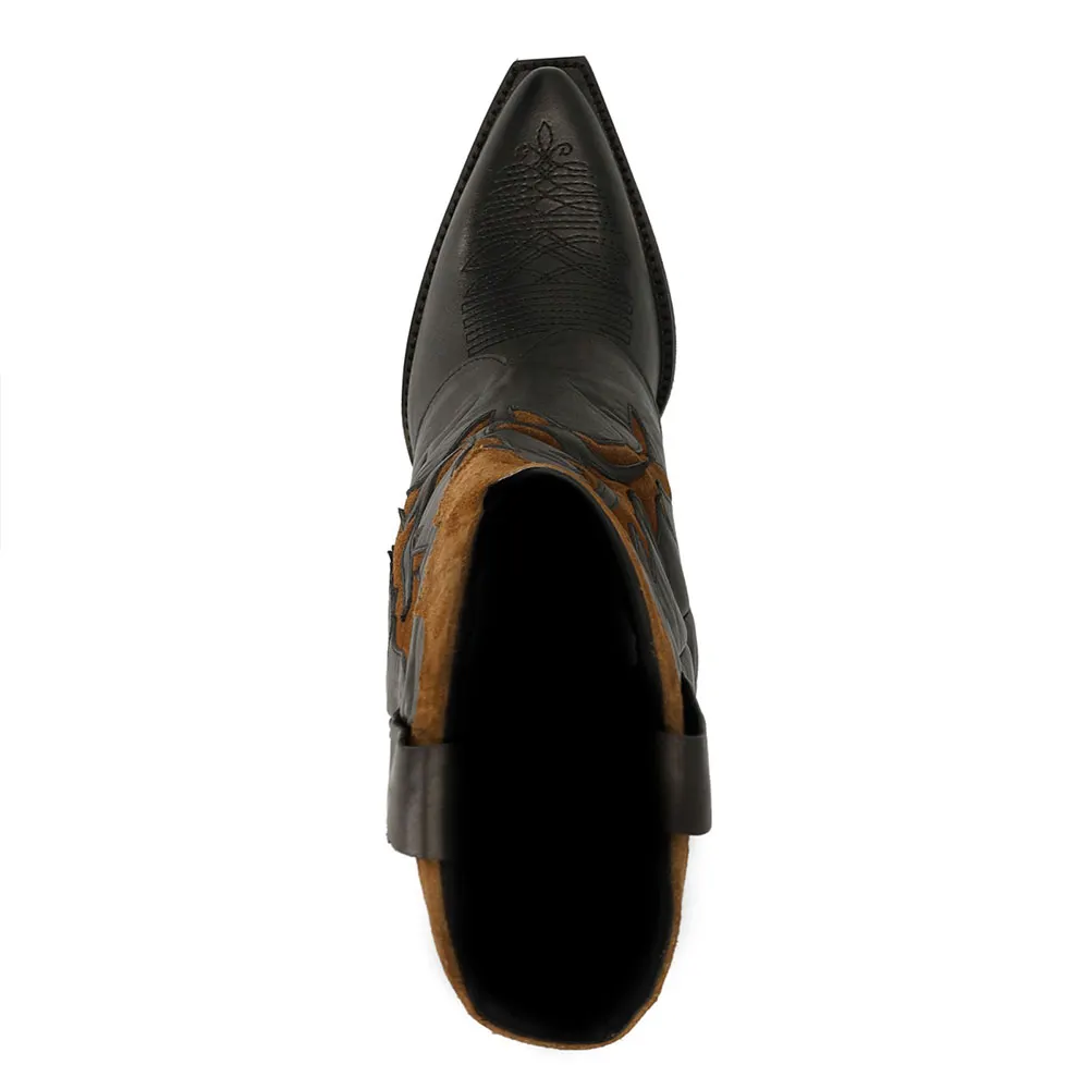 Fold Over Brown & Black Patchwork Pull On Pointed Toe Cowgirl Boots