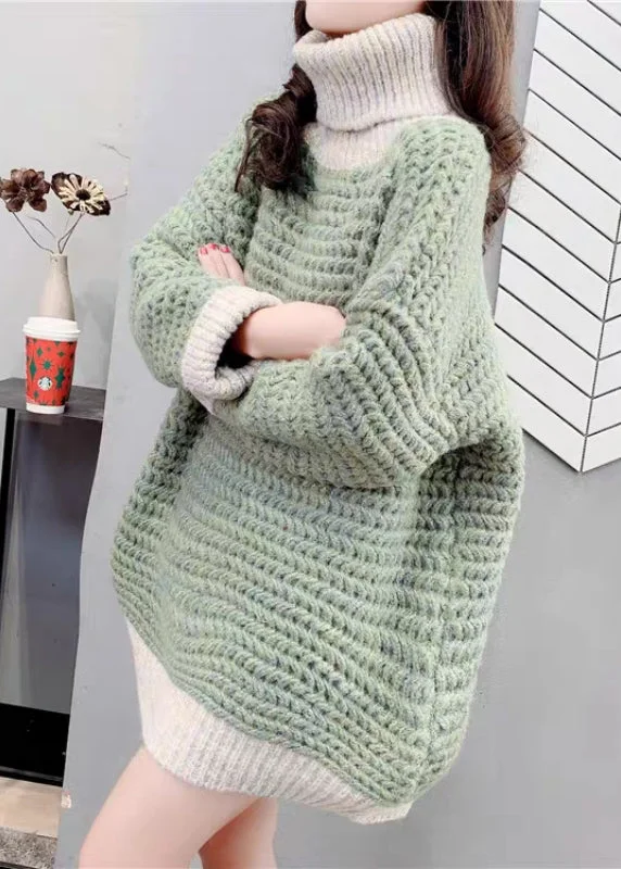 Modern Green Hign Neck Thick Patchwork Knit Sweaters Spring
