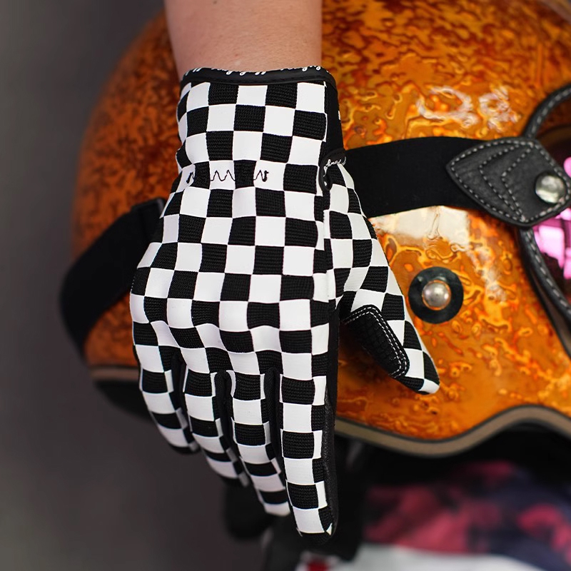 Retro Checkerboard Motorcycle Riding Touch Screen Full Finger Gloves