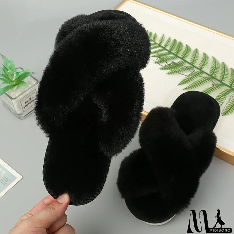 MidiSono - Faux Fur Crisscross Strap Slippers