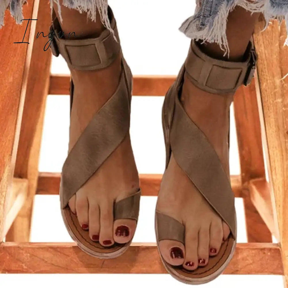 Ingvn - Fashion Flip-Flops Flat Heel Buckle Strap Sandals Khaki / 5