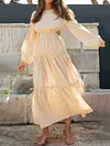 Simple Solid Color Belly-Hollow Long Sleeve A-Line Midi Dress