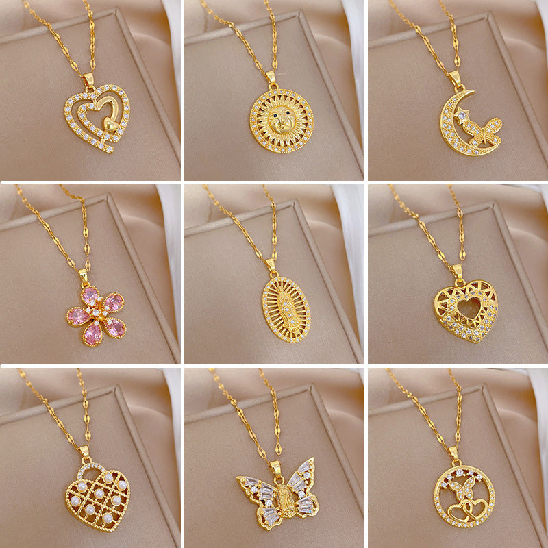 Cartoon Geometric Titanium Steel Diamond Inlay Necklaces