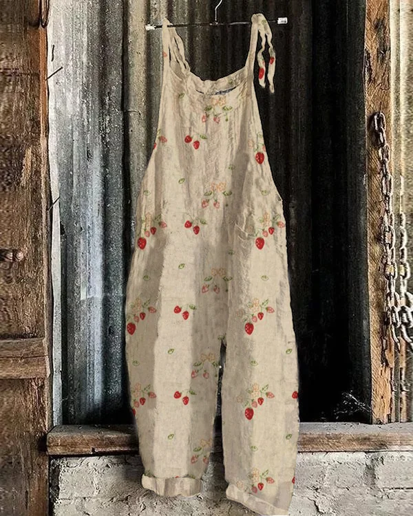 Retro Floral Strawberry Print Casual Loose Jumpsuit