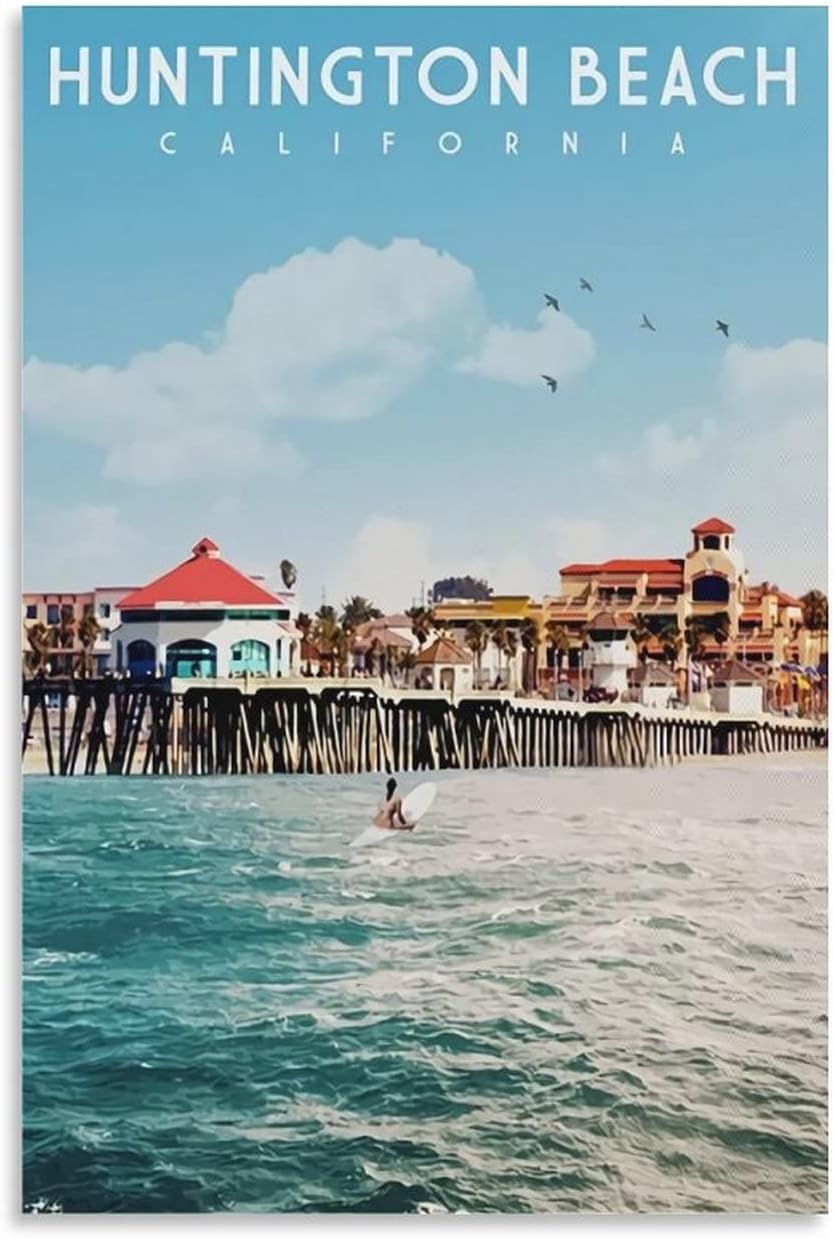 Huntington Beach California Vintage Travel Posters Canvas Posters Print Picture Paintings Wall Art for Living Room Bedroom Home Decor 08x12inch(20x30cm)