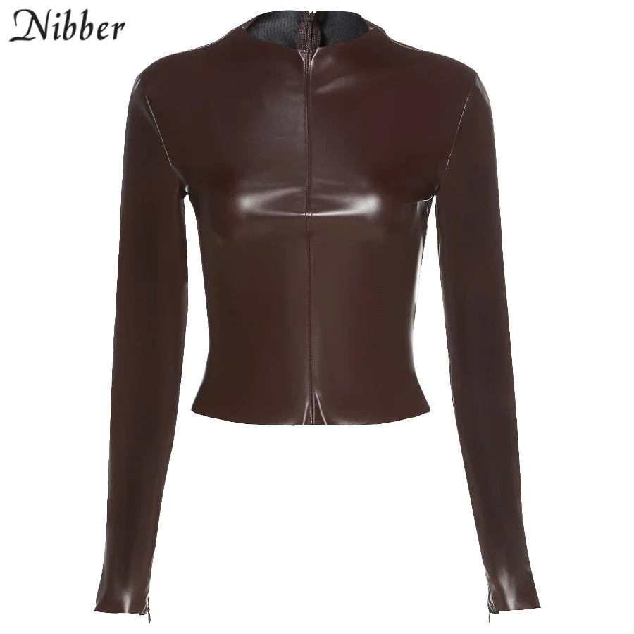 Nibber Autumn Sexy Slim Black PU Leather Womens Fashion High Street Zipper Casual Thin Jacket Ladies Loose Slim Basic Jacket