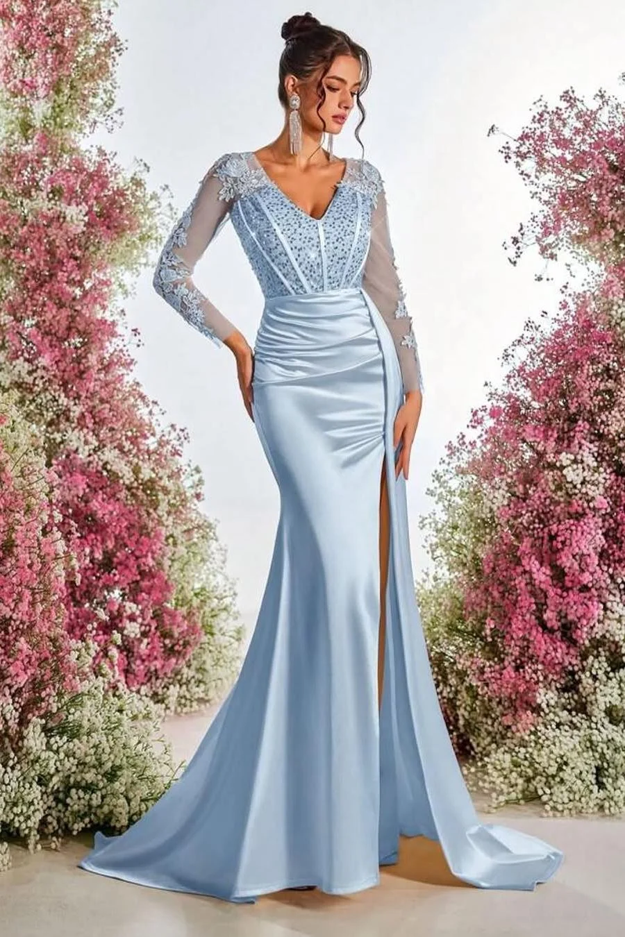 Miabel Charming Sky Blue Satin Long Sleeves Applique V Neck Split Prom Dress with Beadings 