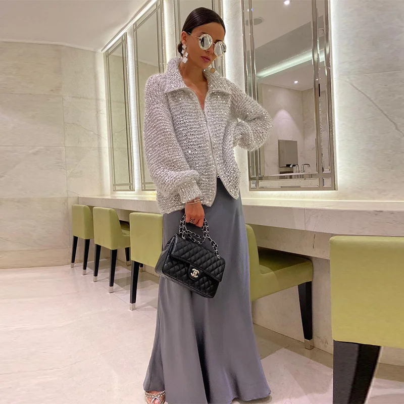 Ueong Ueong New Fashion Solid Color Lapel Heavy Industry Sequins Lazy Wind Sweater Coat