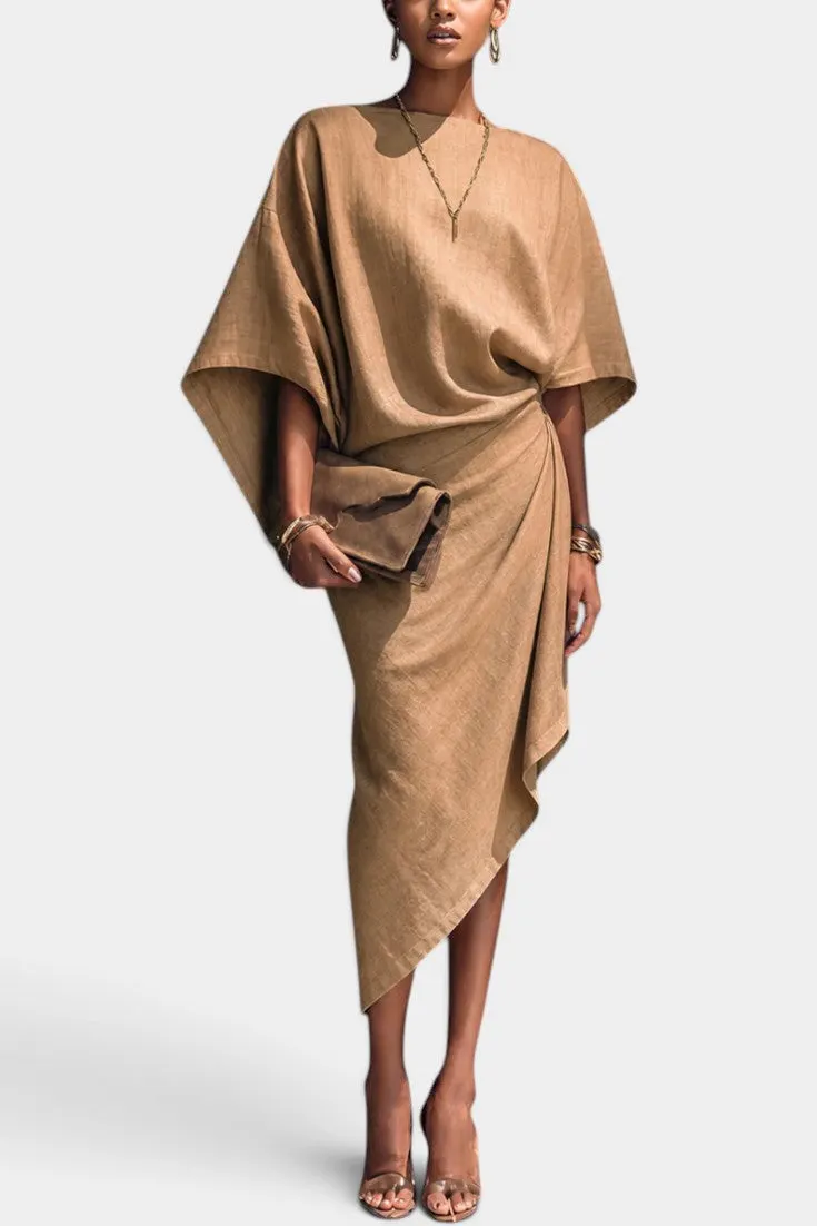 Asymmetric Draped Kimono Midi Dress with Wrap Detail